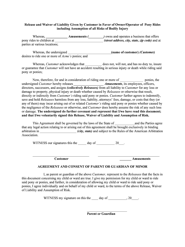 Release and Waiver of Liability Given by Customer in Favor of OwnerOperator of Miniature Golf Course Including Assumption of All  Form