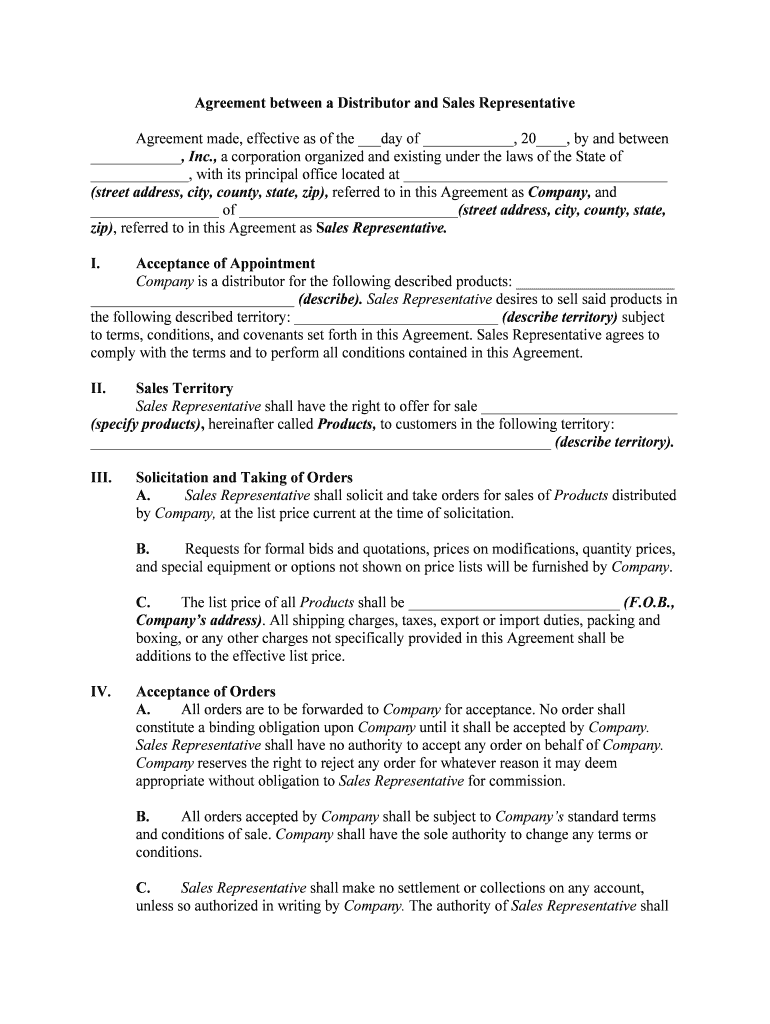 Agreement between a Distributor and Sales Representative  Form