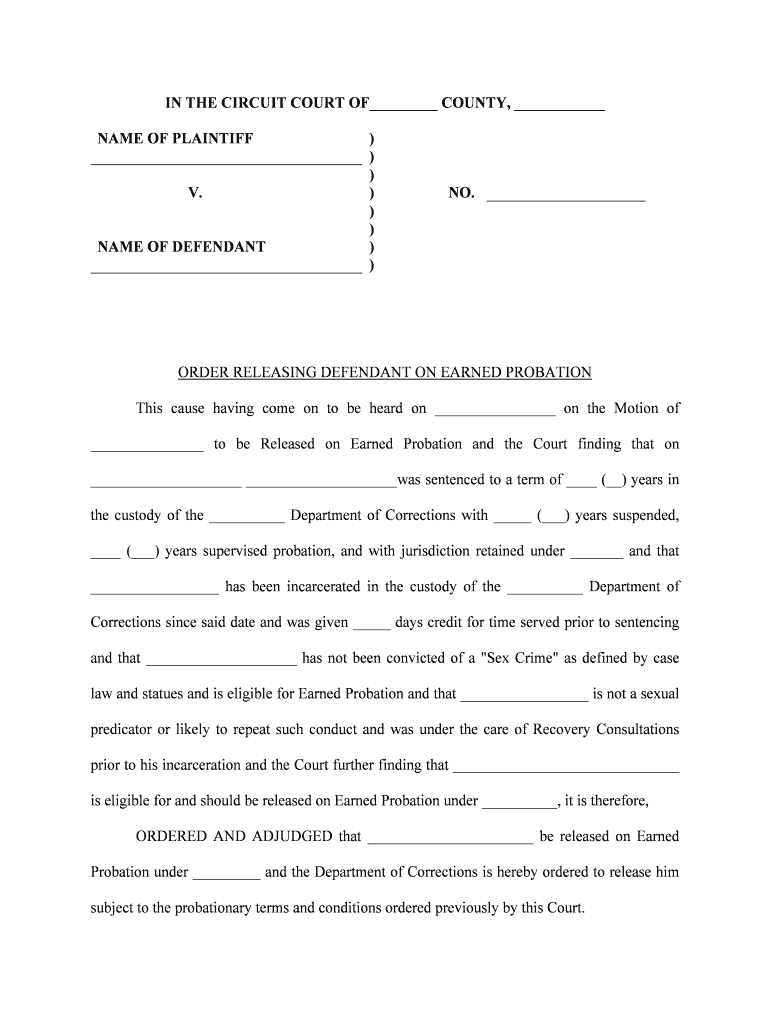 ORDER RELEASING DEFENDANT on EARNED PROBATION  Form