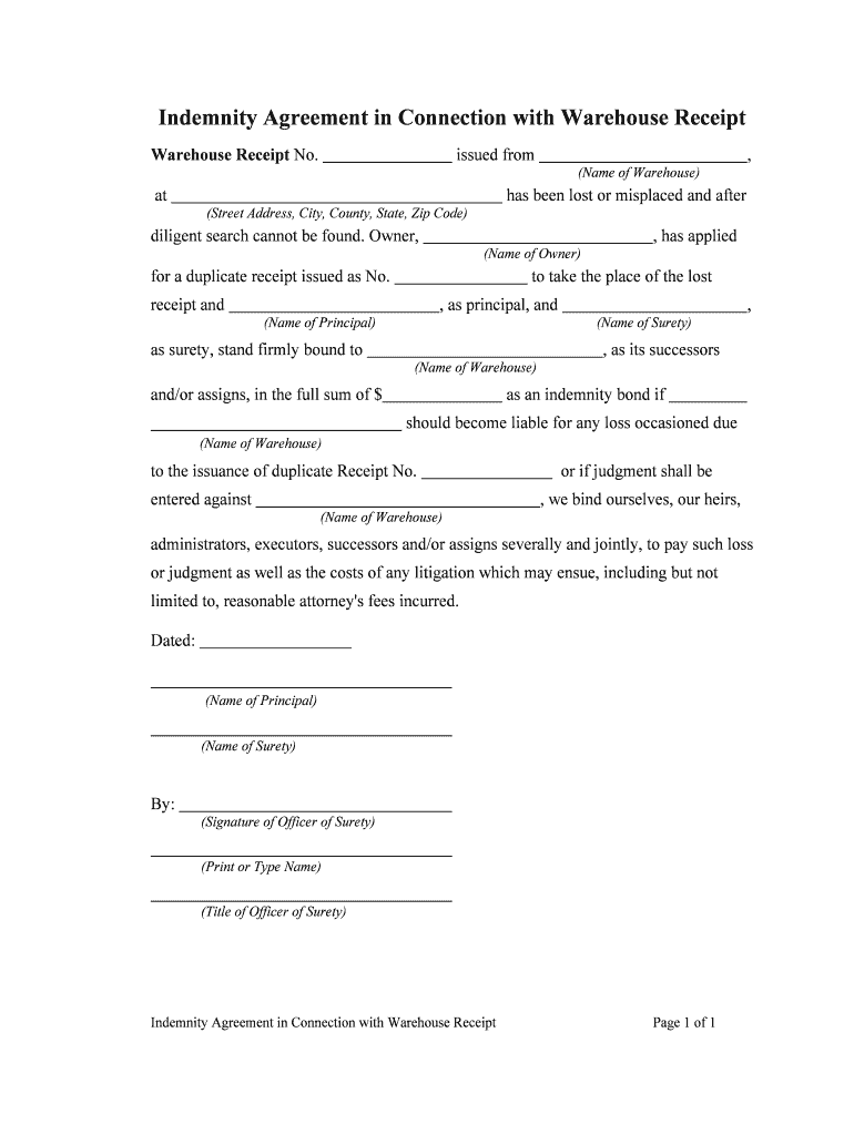 Indemnity Agreement in Connection with Warehouse Receipt  Form