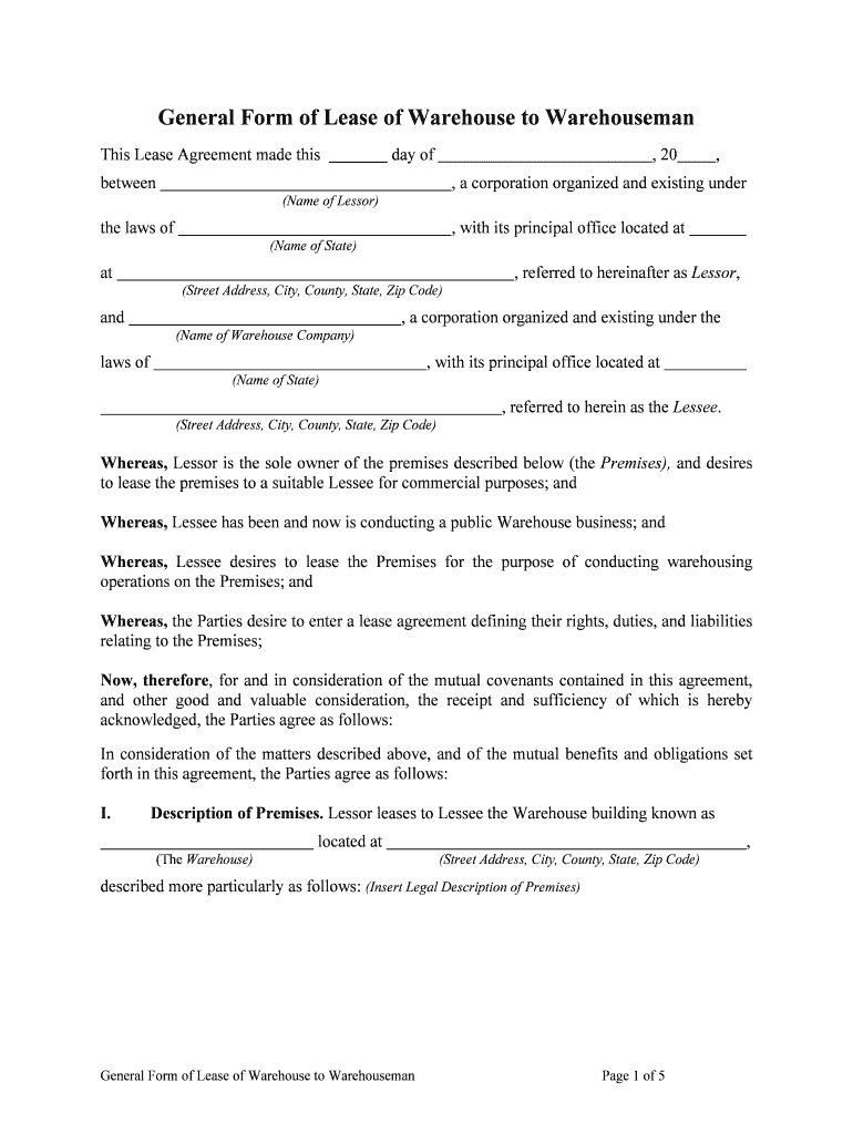 General Form of Lease of Warehouse to Warehouseman