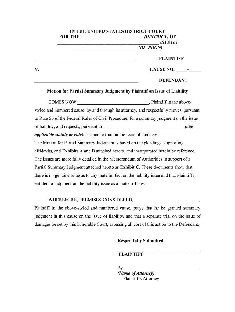 General Form of Motion for Summary Judgment by Defendantwith Notice of Motion