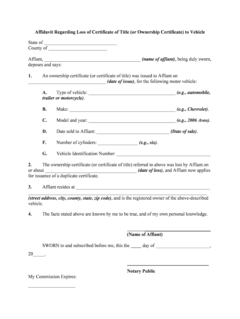 AffidavitLoss of Certificate of Title to Vehicle  Form