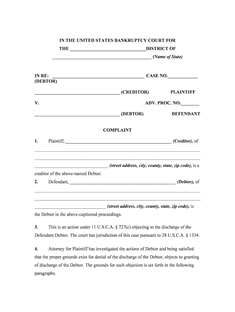 Complaint Objecting to DischargeAllegationDestruction of Books from Which Financial Condition Might Have Been Ascertained  Form