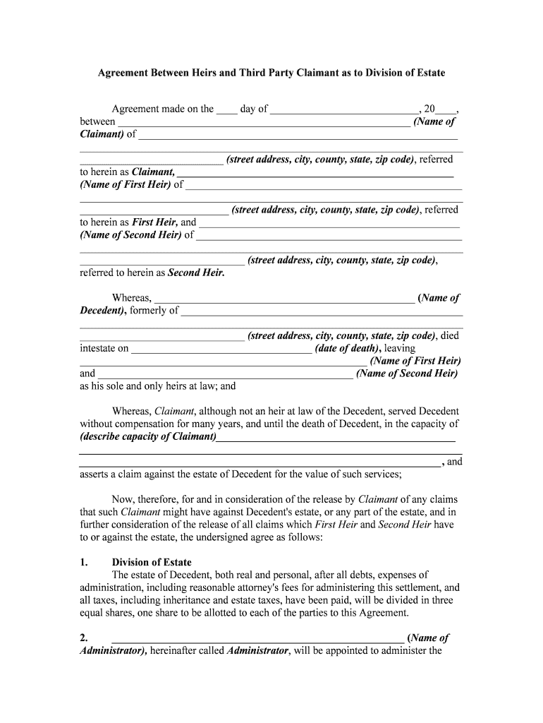 Agreement between Heirs and Third Party Claimant as to Division of Estate  Form