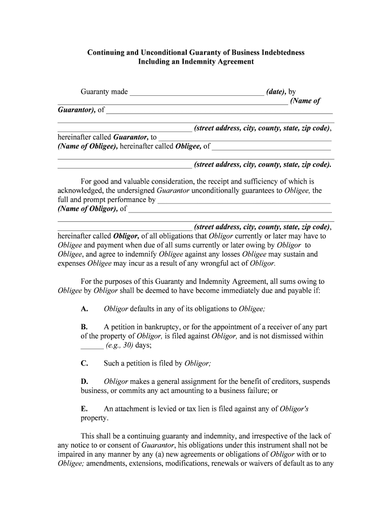 Continuing and Unconditional Guaranty of Business Indebtedness  Form