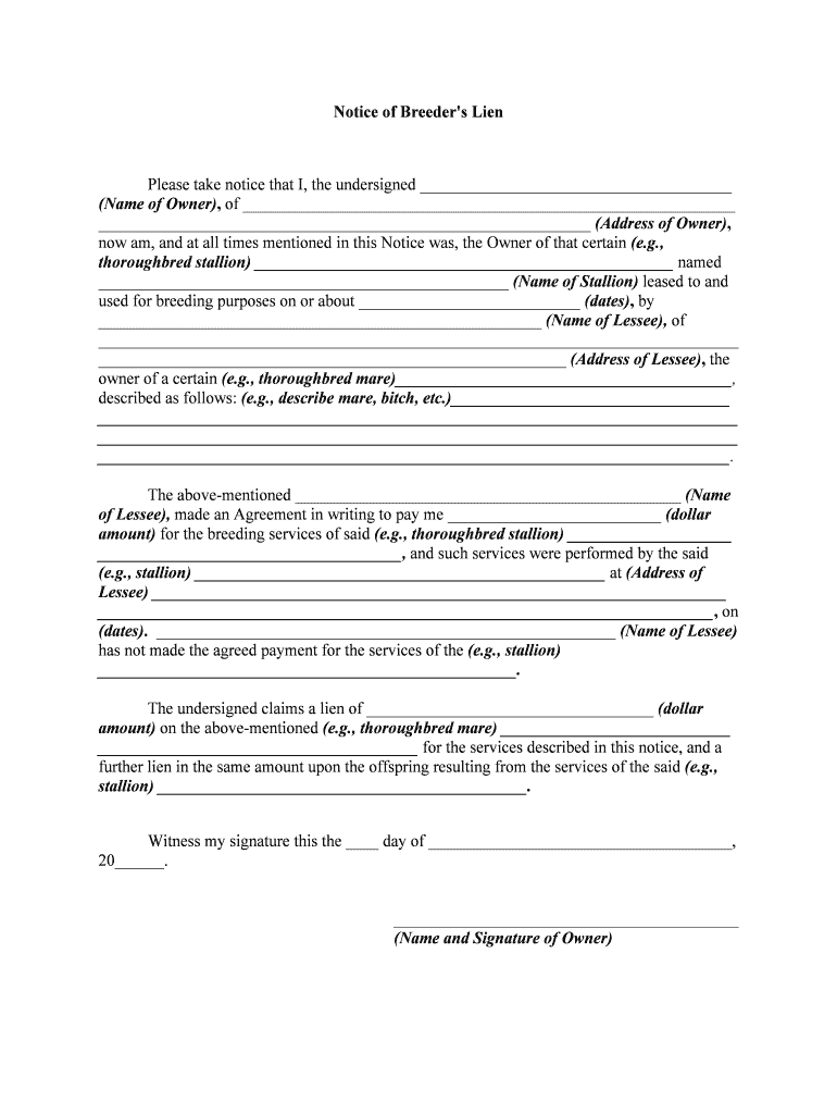 Notice of Breeder's Lien  Form