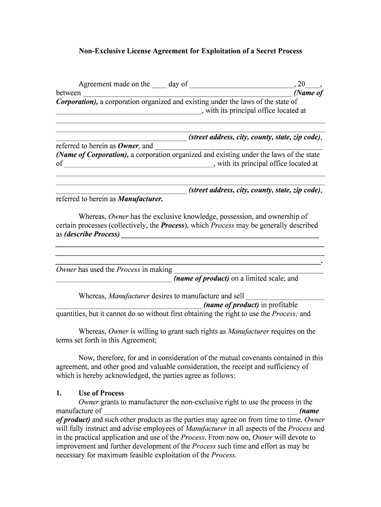Non Exclusive License Agreement for Exploitation of a Secret Process  Form