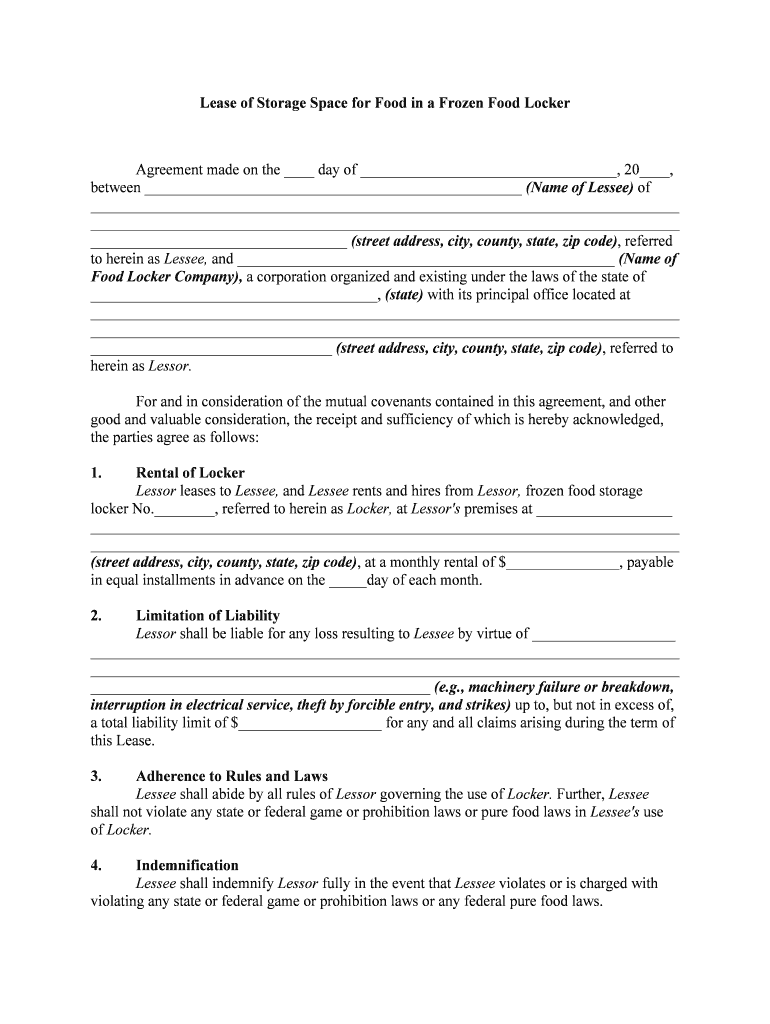 Lease of Storage SpaceRental of Frozen Food Locker  Form