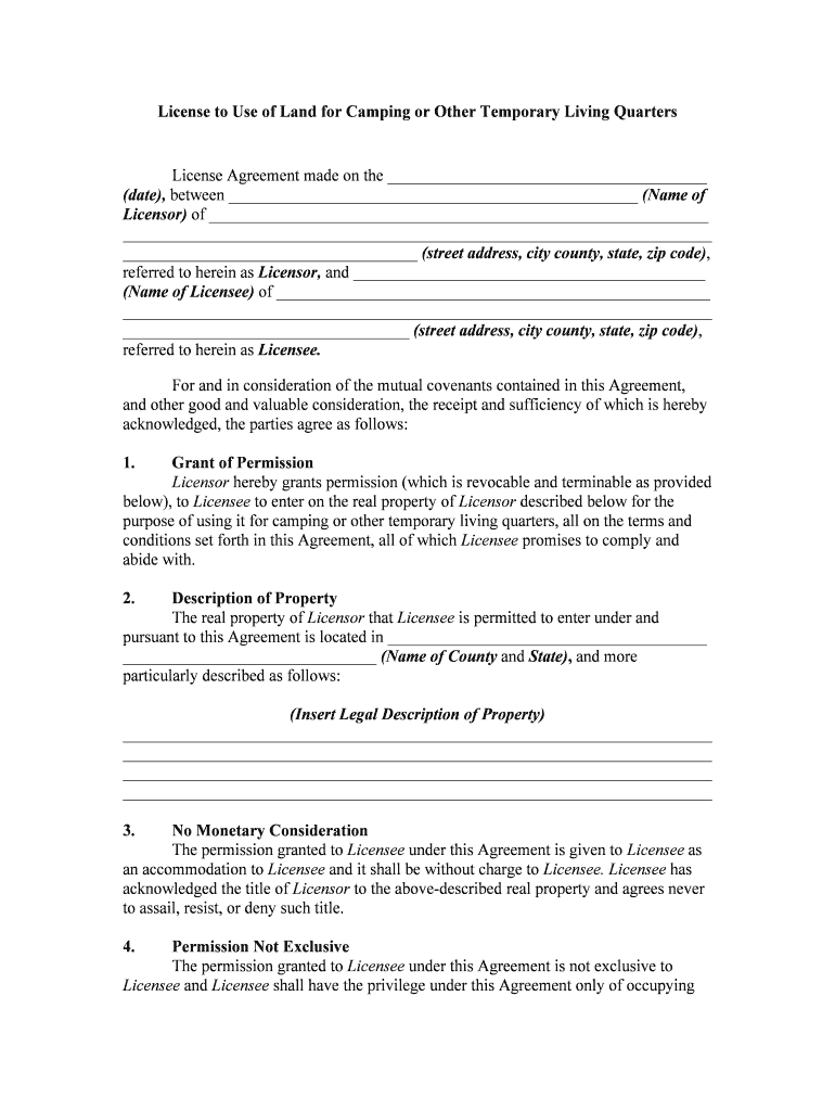 License to Use of Land for Camping or Other Temporary Living Quarters  Form