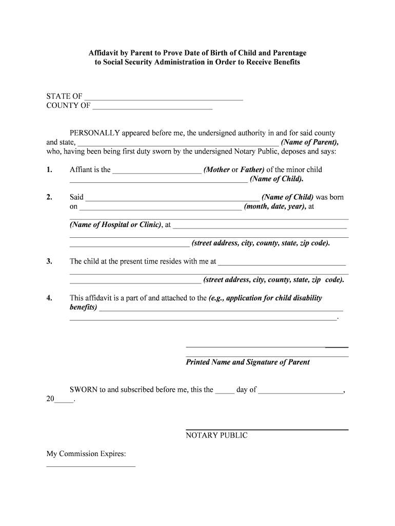 Affidavit by Parent to Prove Date of Birth of Child and Parentage  Form