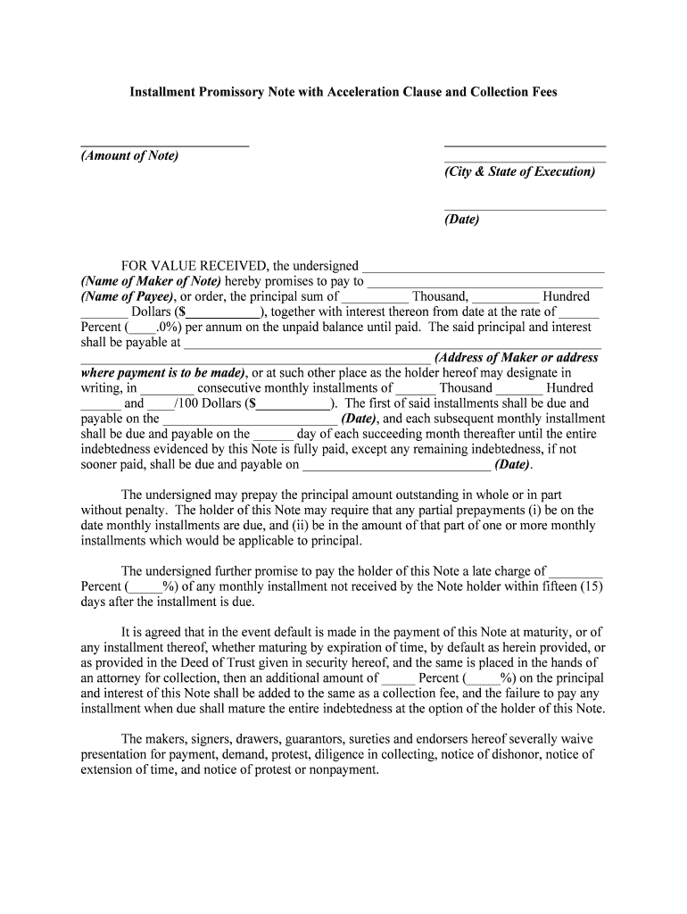 Installment Promissory Note with Acceleration Clause and Collection Fees  Form