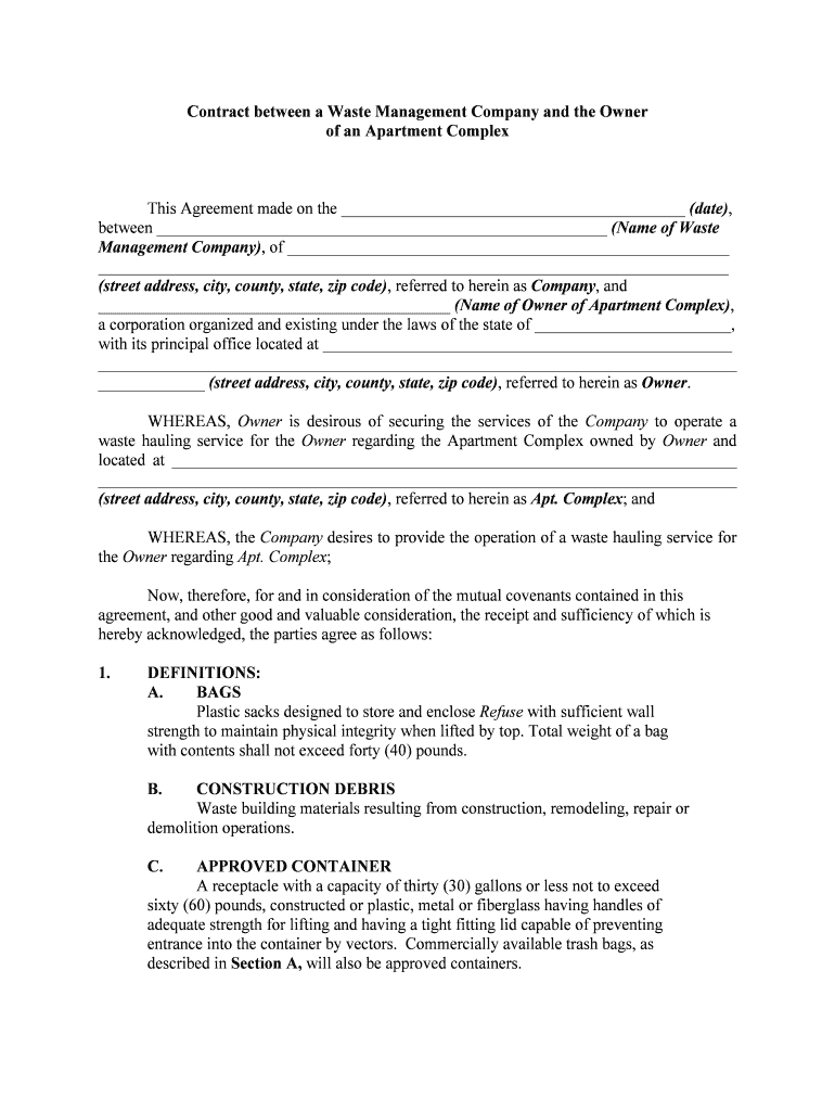 Contract between a Waste Management Company and the Owner  Form