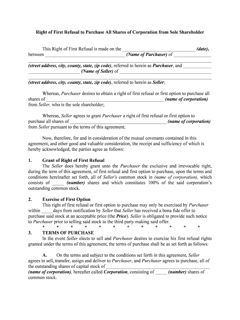 Right of First Refusal and Co Sale Agreement HomeAway Form Fill Out