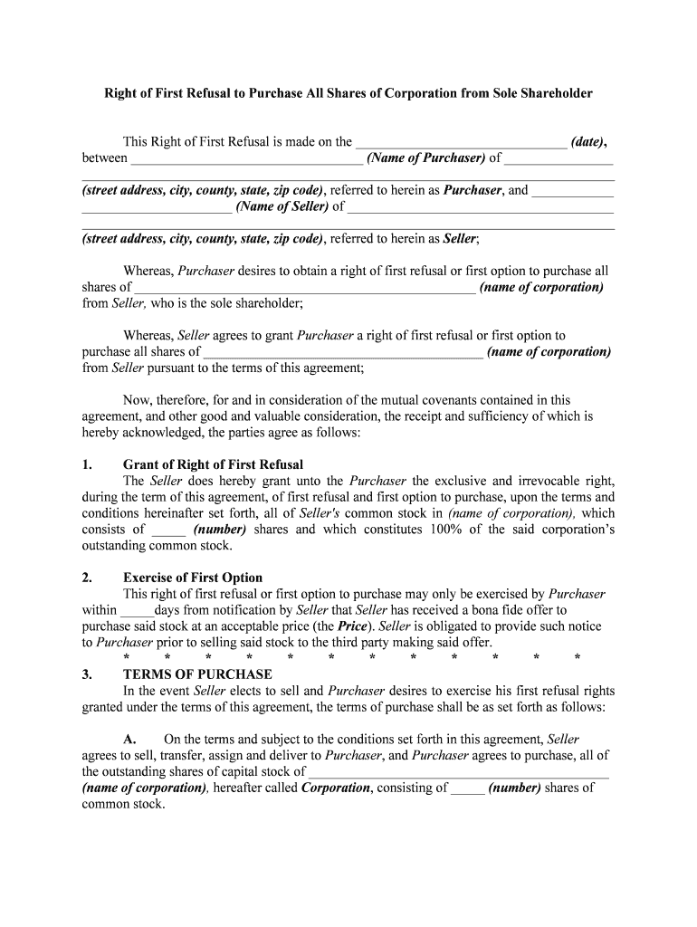 Right of First Refusal and Co Sale Agreement HomeAway  Form