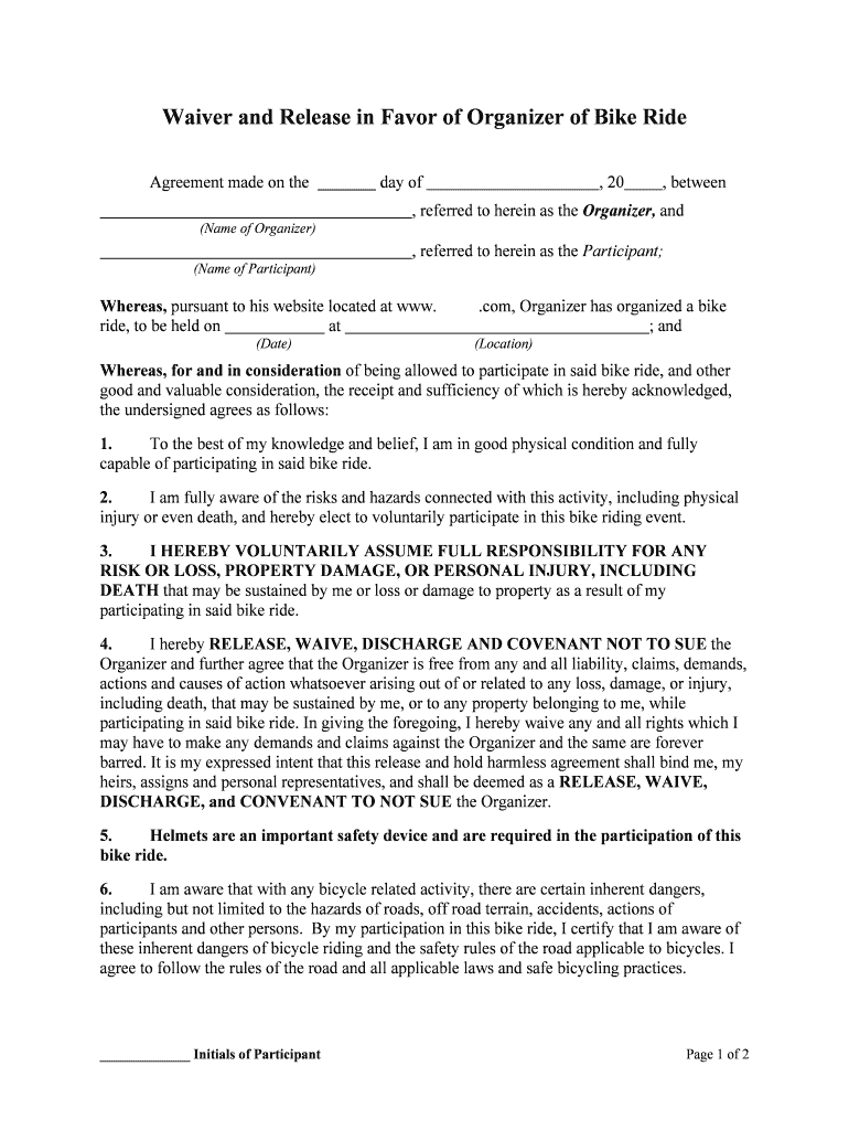 Waiver and Release in Favor of Organizer of Bike Ride  Form