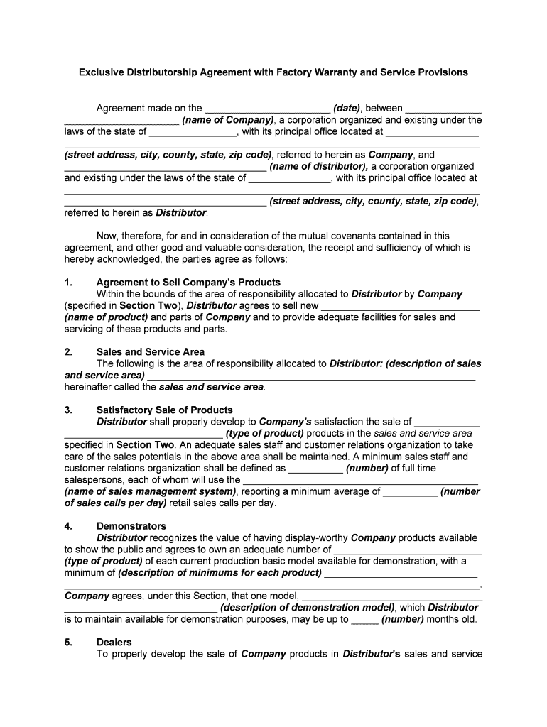 Exclusive Distributorship Agreement with Factory Warranty and  Form