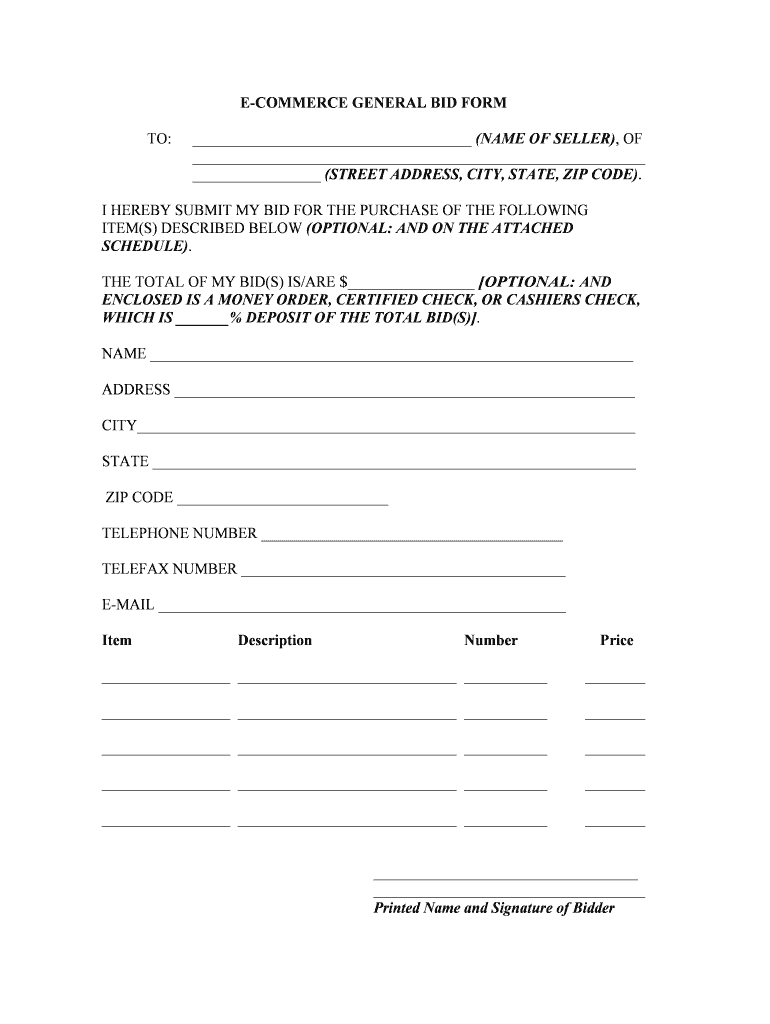 E COMMERCE GENERAL BID FORM