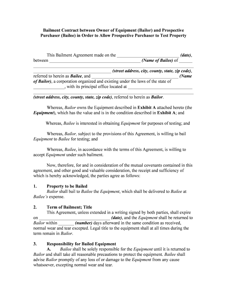 Bailment Contract between Owner of Equipment Bailor and Prospective  Form