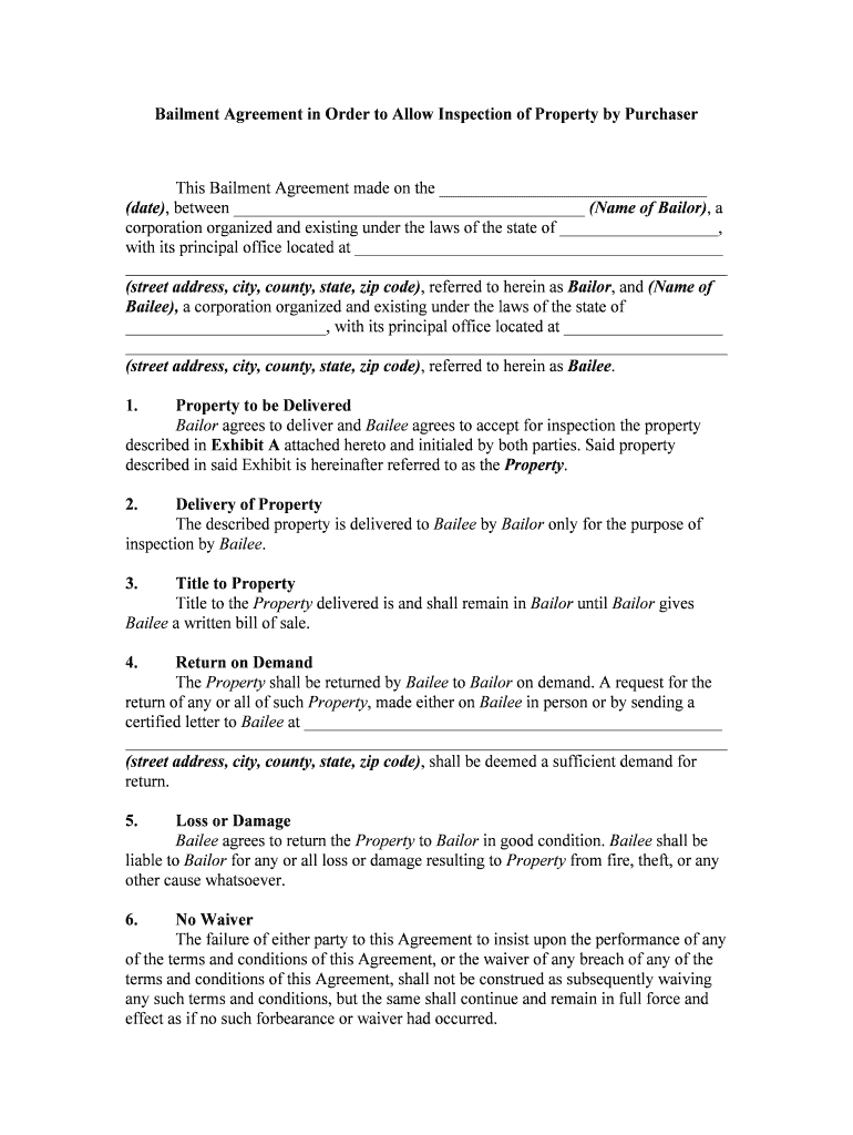 Bailment Agreement in Order to Allow Inspection of Property  Form