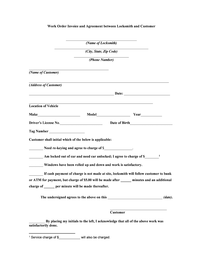 Work Order Invoice and Agreement between Locksmith and Customer  Form