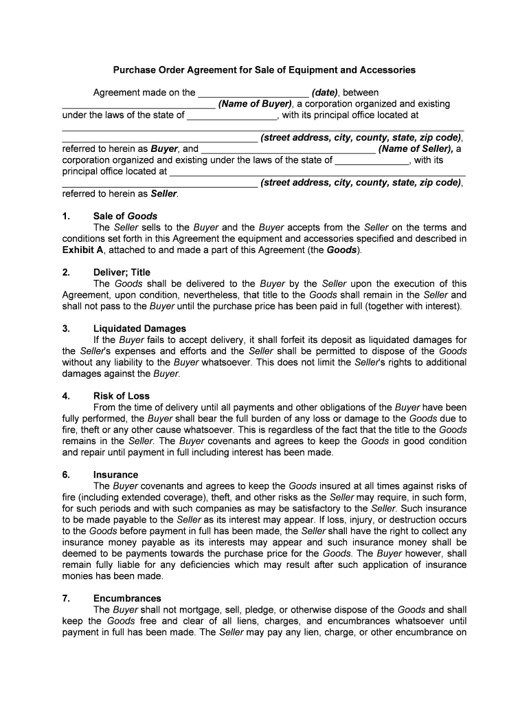 Agreement for Sale of Goods Equipment and Accessories Purchase Order Agreement  Form