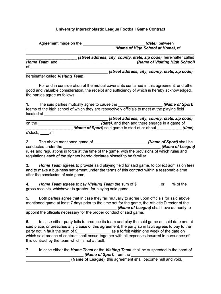 University Interscholastic League Football Game Contract UIL  Form