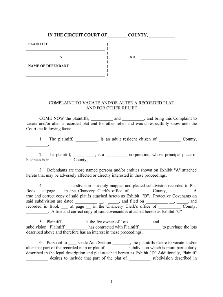 COMPLAINT to VACATE ANDOR ALTER a RECORDED PLAT  Form