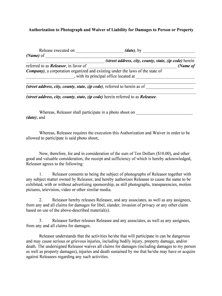Authorization to Photograph and Waiver or Release of  Form