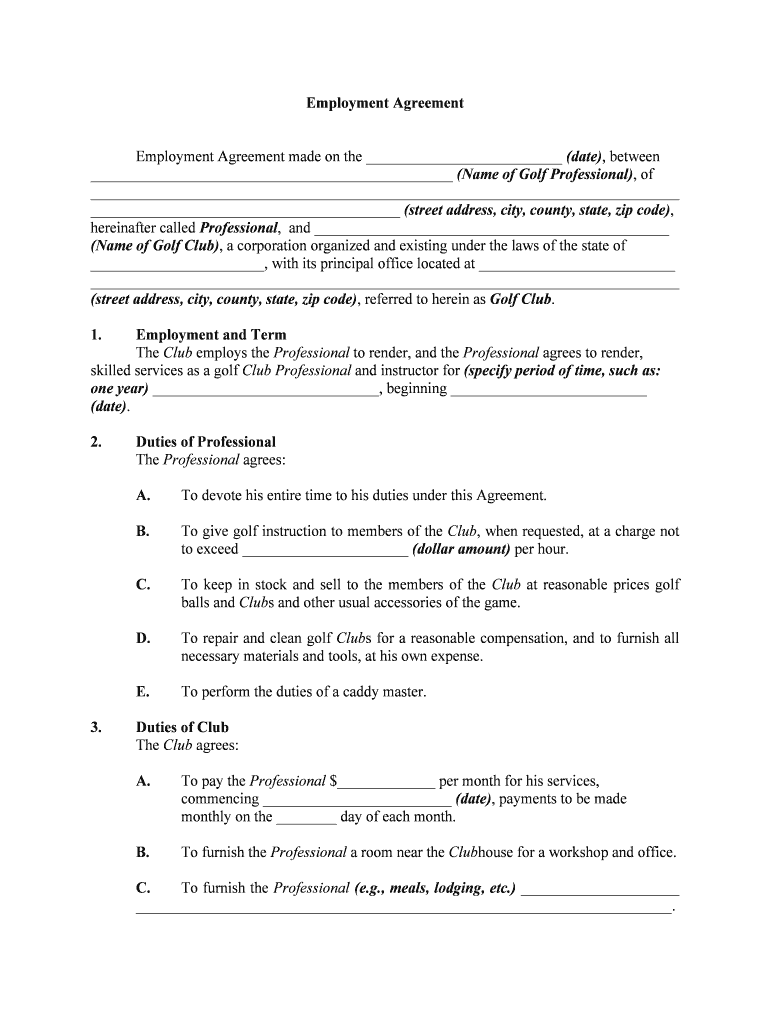 Contract of Employment with Golf Professional and Instructor  Form