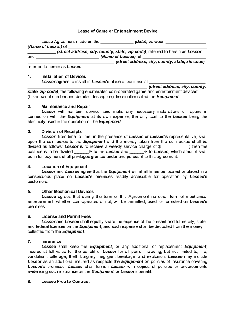 LeaseGame or Entertainment Device  Form