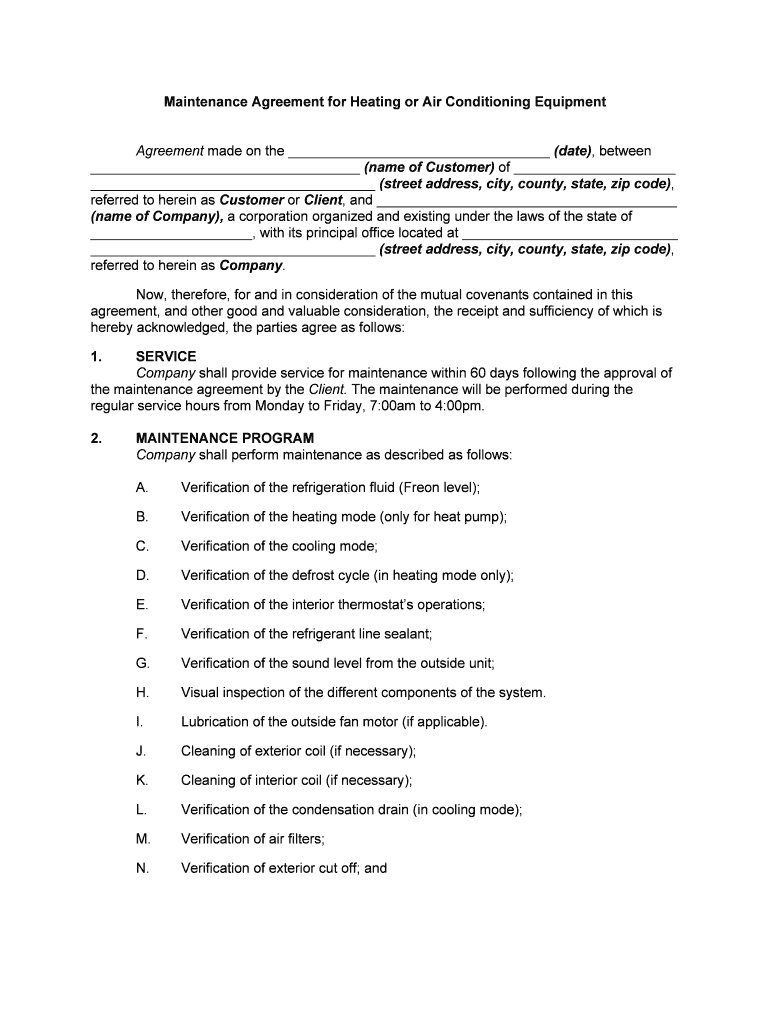 Lindstrom Air Cooling &amp;amp; Heating Maintenance Agreement  Form