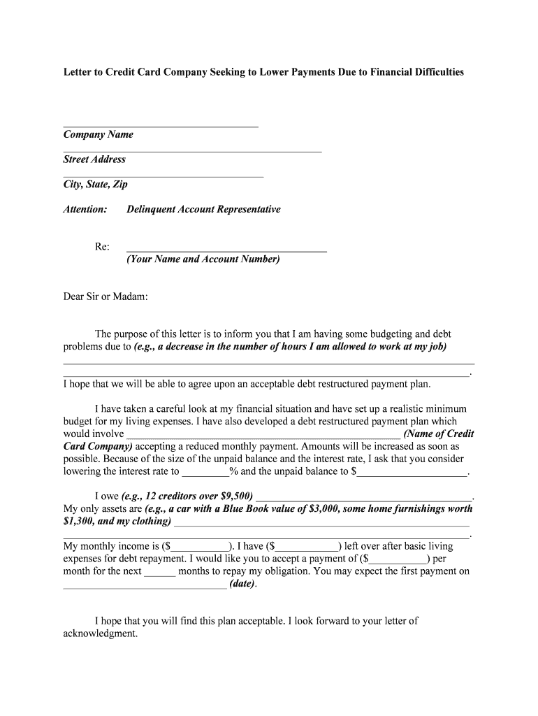 Letter to Credit Card Company Seeking to Lower Payments Due to Financial Difficulties  Form