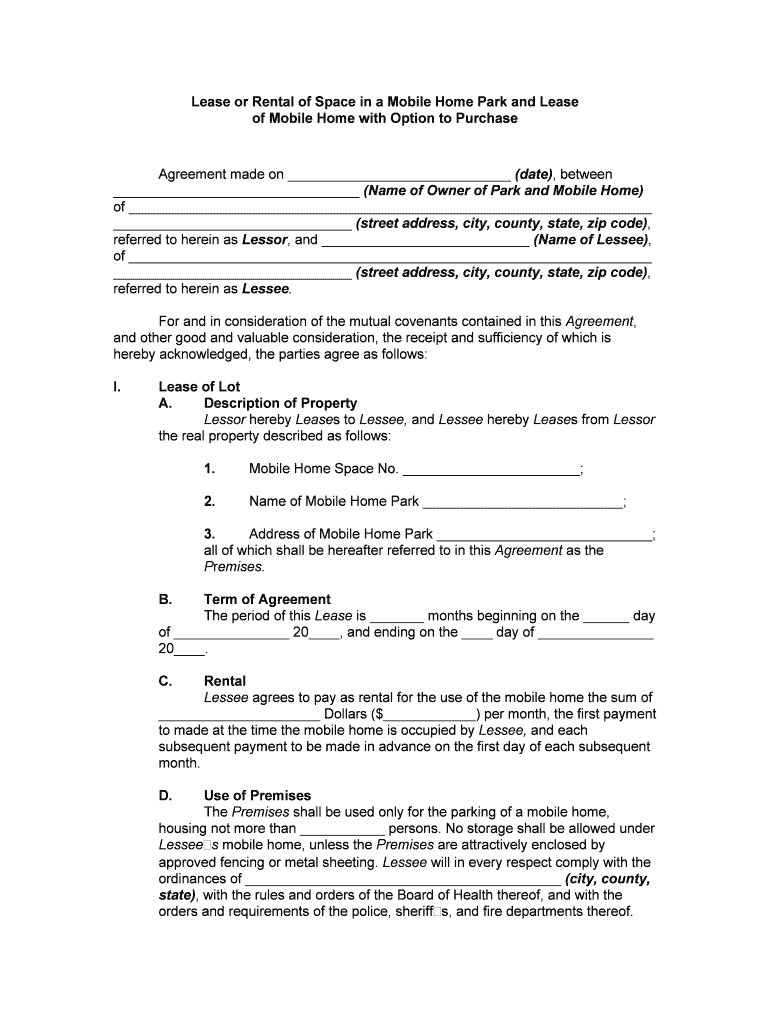 Lease of Mobile Manufactured Home with Option to Purchase  Form