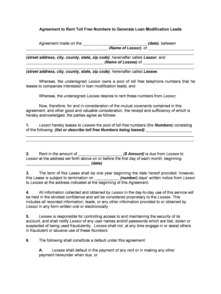 Addendum Regarding &amp;quot;Toll &amp;quot; Numbers Rentals  Form