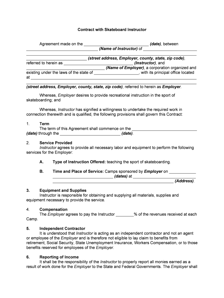 Contract with Skateboard Instructor  Form
