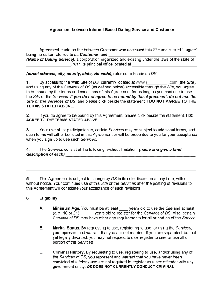 Agreement between Internet Based Dating Service and Customer  Form