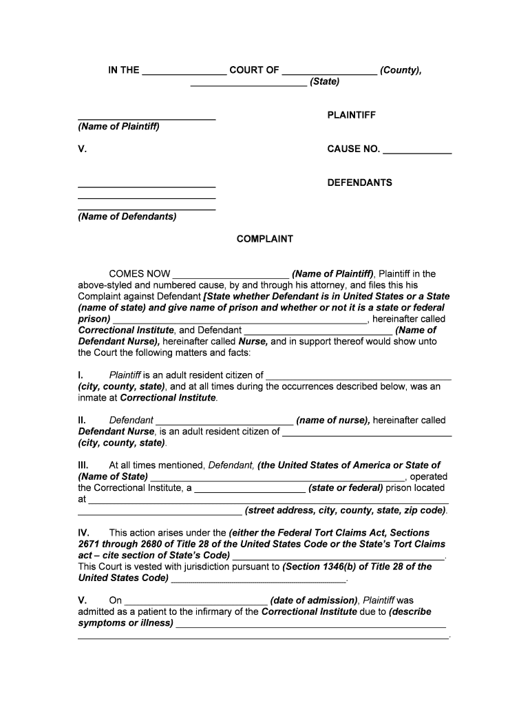 ComplaintWrongful DeathError by Nurse in Administration of Medication to Government Hospital Patient  Form