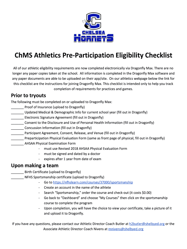 ChMS Athletics Pre Participation Eligibility Checklist  Form