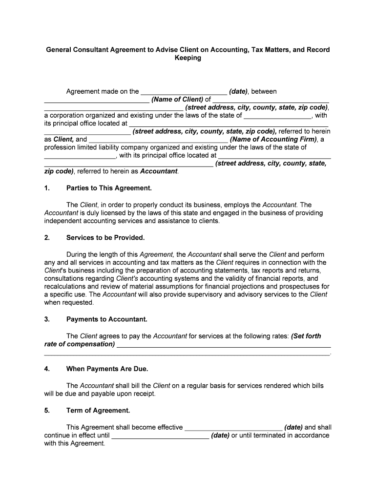 General Agreement to Advise Client on Accounting, Tax Matters, and Record Keeping  Form