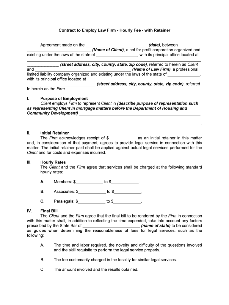 Contract to Employ Law FirmHourly FeeWith Retainer  Form
