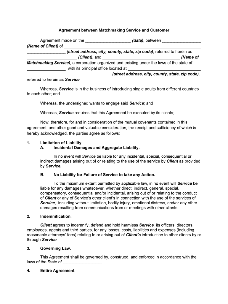 Agreement between Matchmaking Service and Customer  Form