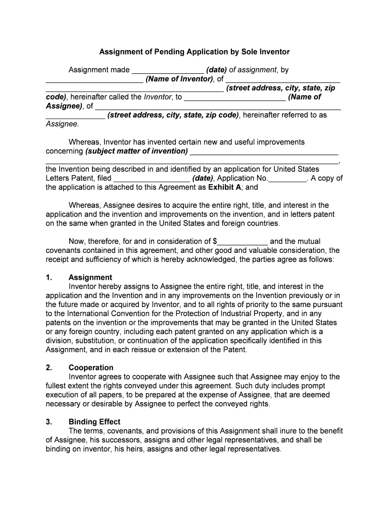 Assignment of Pending Application by Sole Inventor  Form