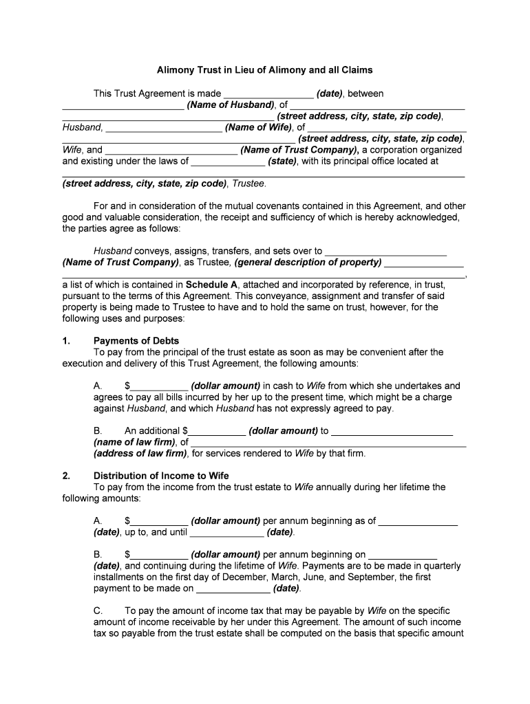 Trust Created by Husband for Benefit of Wife in Lieu of Alimony and All ClaimsTransfer to Trust of Securities  Form