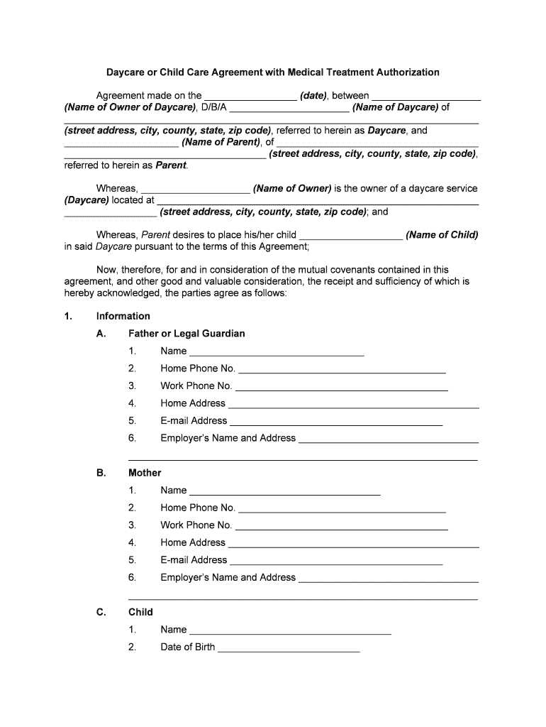 Daycare or Child Care Agreement with Medical Treatment Authorization  Form