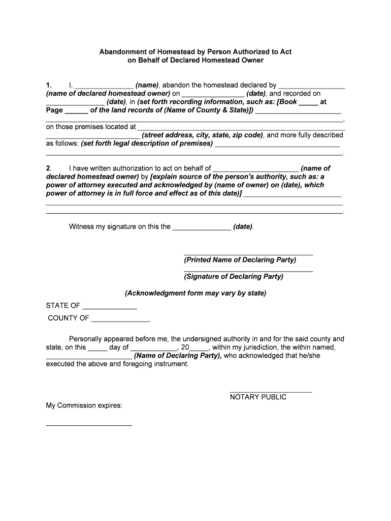 Abandonment of HomesteadBy Person Authorized to Act on Behalf of Declared Homestead Owner  Form