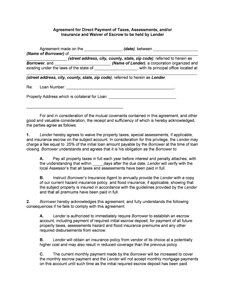 AGREEMENT for DIRECT PAYMENT of TAXES, ASSESSMENTS,  Form