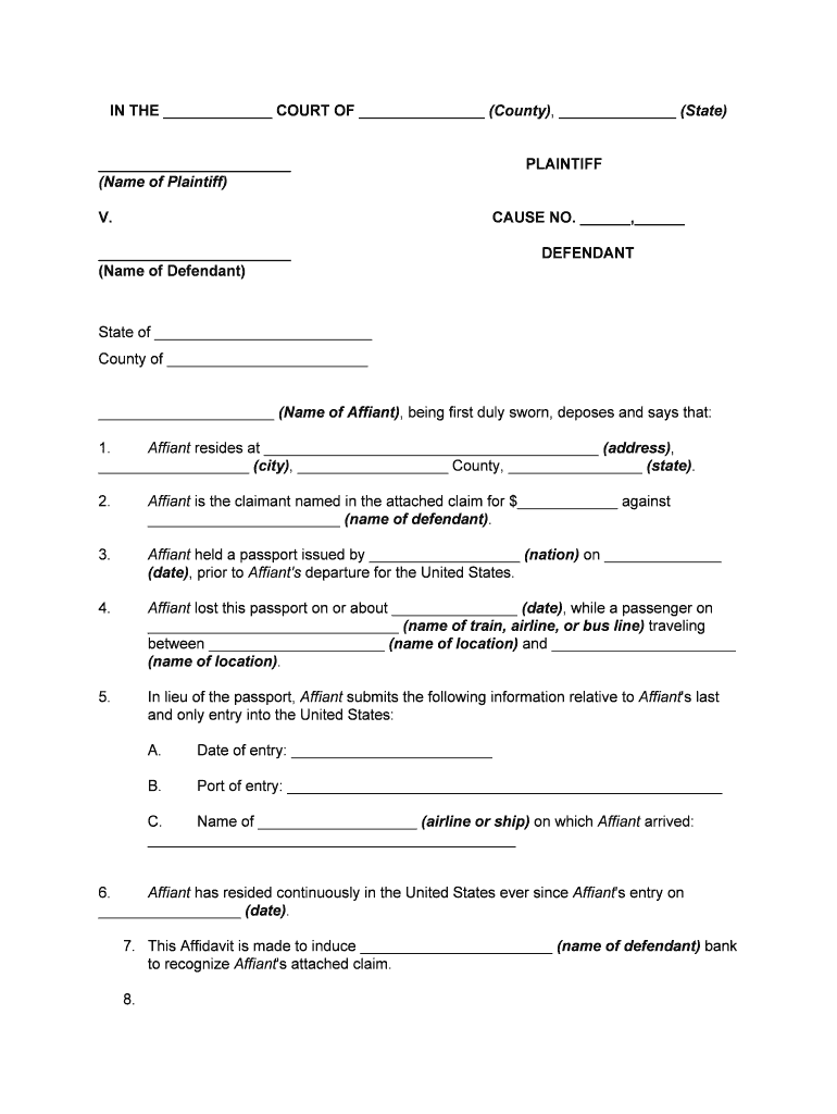 Affidavit in Lieu of Lost Passport  Form