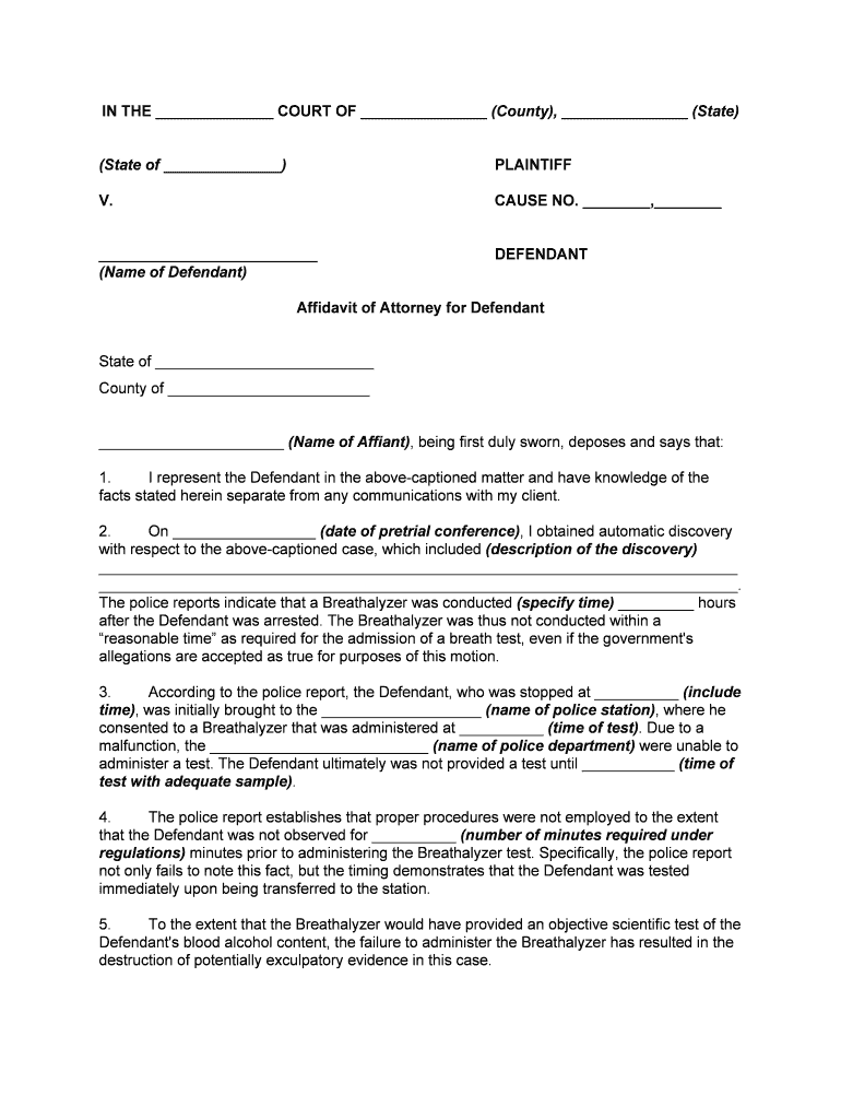 Affidavit in Support of Motion to DismissFailure to Follow Breathalyzer Protocols Form