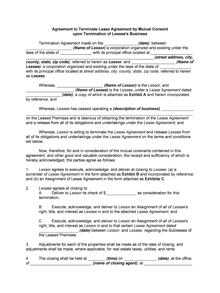 Termination of Lease Agreement by Mutual ConsentUpon Termination of Lessee's BusinessIn Consideration of Lessee Transferring Oth  Form